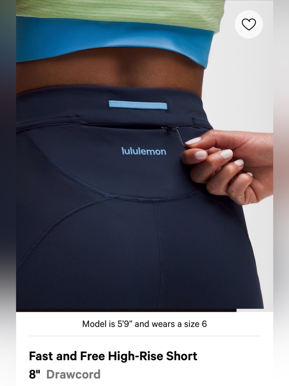 NWT—$84 LULULEMON Fast & Free High-Rise Short 8” *Drawcord, Sz 6, Club Blue/OAVE - Picture 6 of 13